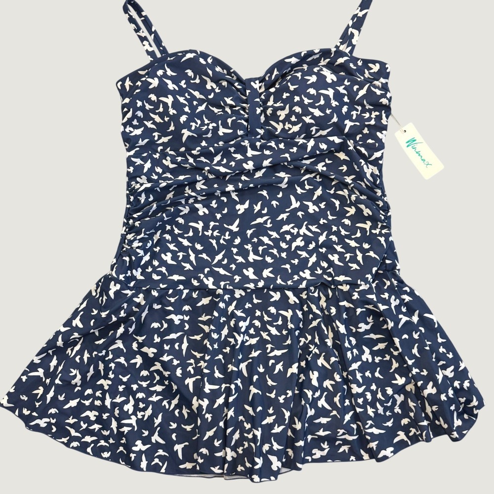 Winmax Navy Blue Bird Print Swim Dress One Piece Swimsuit Padded Ruched Size 16